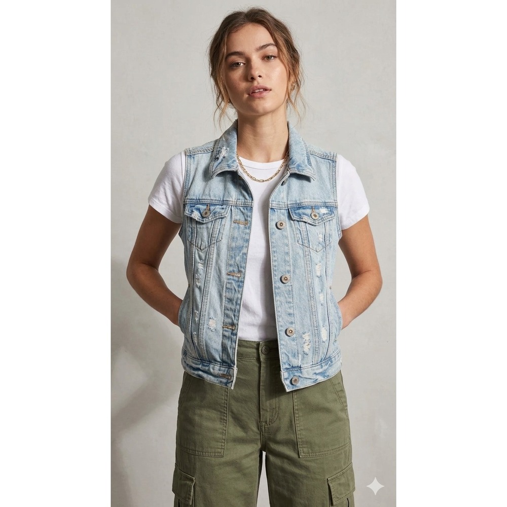 VTG Hollister Grunge 90s‎ Y2K Light Wash Distressed Denim Vest Sleev Blue